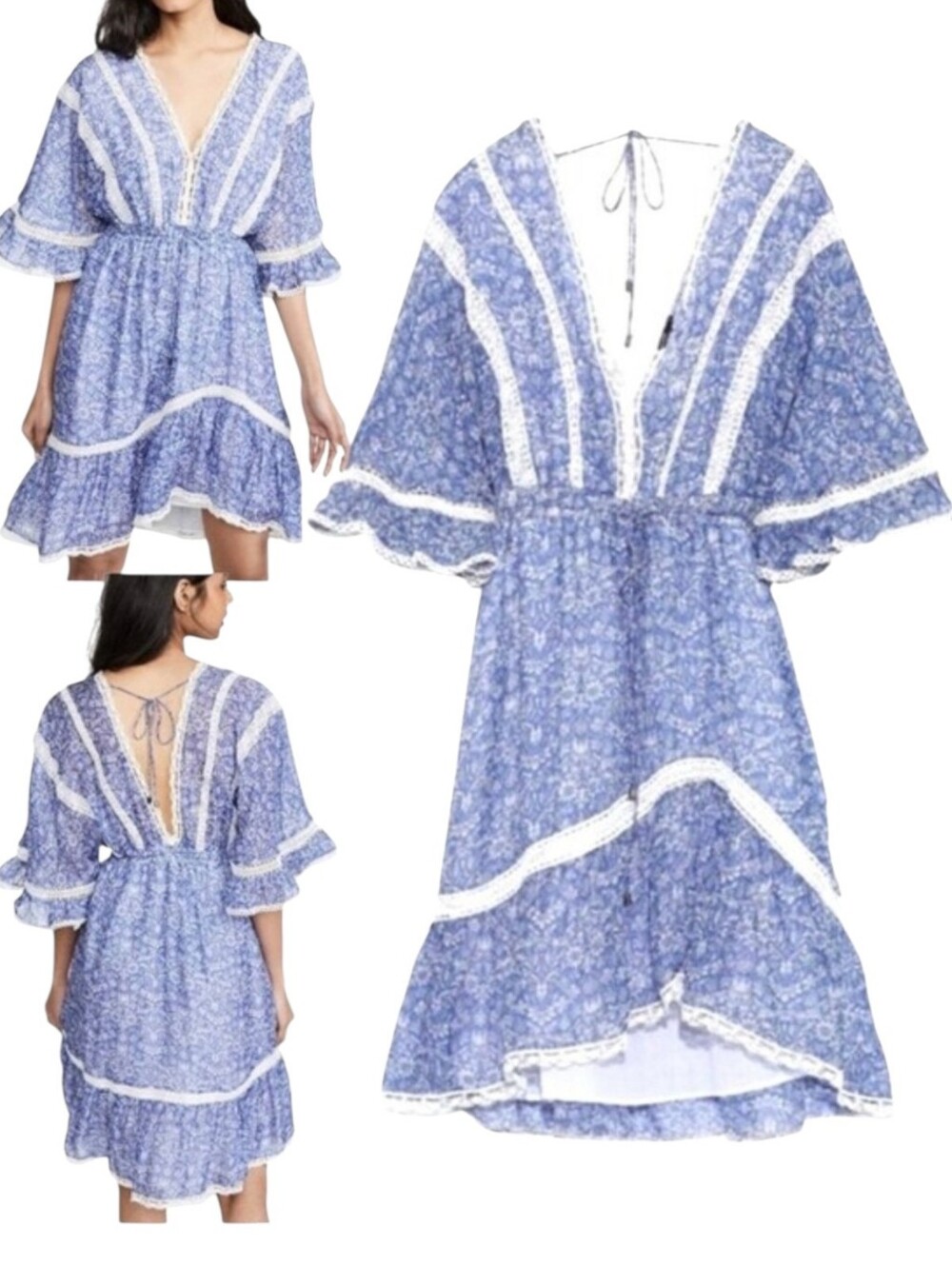 Love Sam Womens Silk Voile Dream Floral Lace High Low Boho Mini Dress S